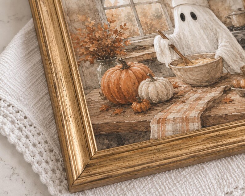 May include: A framed print featuring a ghost wearing a chef hat and stirring a bowl in a kitchen. The scene includes orange and white pumpkins, a vase of autumn leaves, and a plaid runner on a wooden table, all encased in a gold-toned frame.