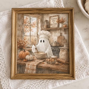 May include: A framed wall art print depicting a ghost wearing a chef hat and mixing ingredients in a bowl. The kitchen scene includes pumpkins, a flour bag, and a sign reading Pumpkin Spice & Everything Nice, all in warm autumn tones.