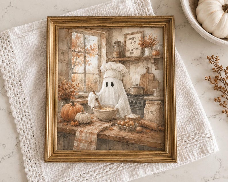 May include: A framed wall art print depicting a ghost wearing a chef hat and mixing ingredients in a bowl. The kitchen scene includes pumpkins, a flour bag, and a sign reading Pumpkin Spice & Everything Nice, all in warm autumn tones.