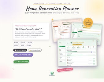 Home Renovation Planner, Budget Tracker, Quote Comparison, Paint Calculator (Digital Download)