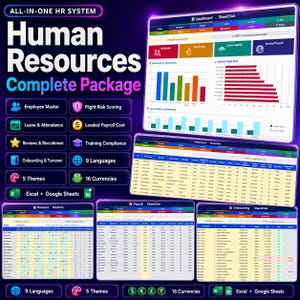 HR Template Excel Google Sheets, Employee Database, Leave Tracker, Payroll Cost, Flight Risk Score, Small Business Human Resources