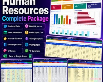 HR Template Excel Google Sheets, Employee Database with Payroll and Leave Tracker, Human Resources Dashboard, Onboarding Checklist, PTO Log