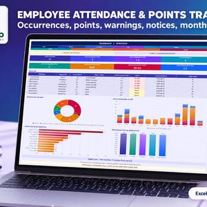 May include: A laptop screen displaying an Employee Attendance and Points Tracker spreadsheet template by SheetClub. The dashboard features colorful data tables, a donut chart, bar graphs, and metrics for occurrences, points, and monthly reports.