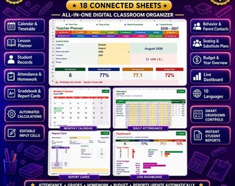 Teacher Planner Excel Template, Lesson Plan, Gradebook, Attendance Tracker (Digital Download)