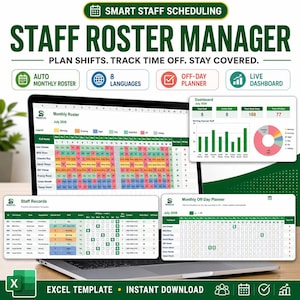 Staff Roster Manager Excel Template | Employee Shift Schedule Planner (Digital Download)
