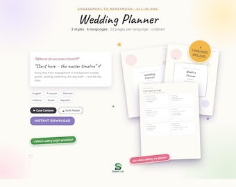 Wedding Planner Printable, Budget, Guest List, Seating Chart, Timeline (6 Languages)