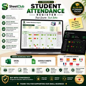 Student Attendance Register Template | Monthly Tracker, Excel, Google Sheets (Digital Download)