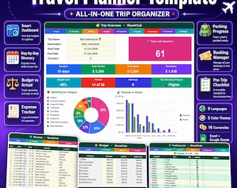 All-in-One Travel Planner Spreadsheet, Budget, Itinerary, Packing List (Digital Download)