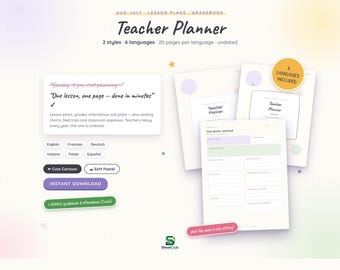 Undated Teacher Planner, Lesson Plans, Gradebook, Attendance (Digital Download)