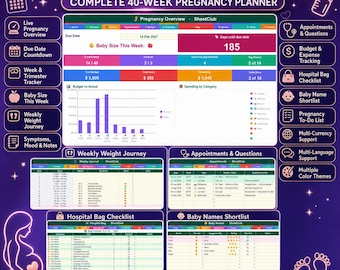 Pregnancy Baby Tracker Spreadsheet, 40-Week Journal, Budget, Hospital Bag (Digital Download)