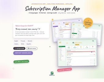 Subscription Manager App, Monthly Bill Tracker, Renewal Calendar (HTML File)