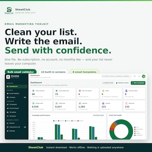 Può includere: Un'interfaccia di toolkit per l'email marketing intitolata SheetClub. La dashboard mostra metriche tra cui contatti totali, email consegnate e grafici sulle prestazioni delle campagne. Testo: Clean your list. Write the email. Send with confidence.
