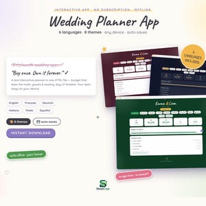 Könnte beinhalten: Eine digitale Hochzeitsplaner-App-Oberfläche mit dem Text Wedding Planner App, 6 languages, 8 themes, any device, auto-saves, Buy once. Own it forever. und Instant Download. Die Anzeige zeigt drei verschiedene Farbthemen für die Planung.