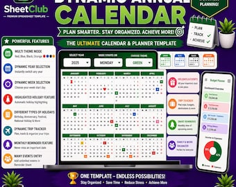 Dynamic Annual Calendar Template, Editable Yearly Planner (Excel, Google Sheets)
