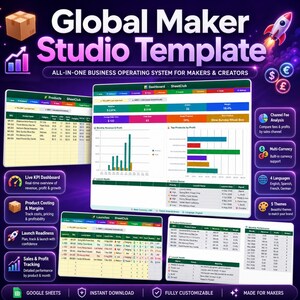 May include: A digital business operating system template titled Global Maker Studio Template, featuring multiple spreadsheet views, colorful data charts, revenue dashboards, and performance tables on a dark purple background with icons.