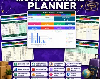 Moving Abroad Planner, Relocation Budget, Documents, Inventory (Excel/Google Sheets)