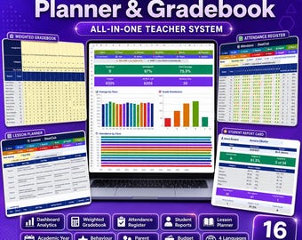 Gradebook Template Excel Google Sheets, Digital Gradebook with Auto Report Cards, Attendance and Lesson Plan Teacher Planner, Grades