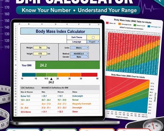 BMI Calculator and Weight Loss Tracker Spreadsheet Excel, Body Measurement Log, Health and Fitness Tracker, Metric Imperial, Weight Chart
