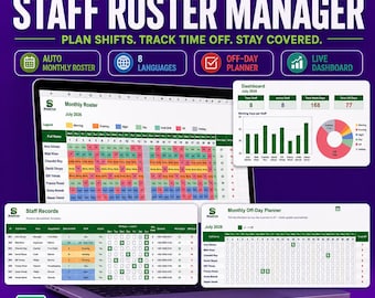 Employee Schedule Template Excel, Staff Roster Spreadsheet, Weekly Shift Planner (Digital Download)