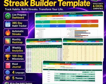 Habit Tracker Spreadsheet Google Sheets Excel, Digital Habit Tracker Template with Streak Counter, Monthly Habit Tracker, Goal Planner