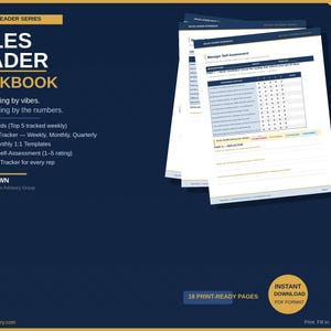 Può includere: Grafica blu navy e oro per un "Sales Leader Workbook". Il quaderno di lavoro include scorecard KPI, tracker di budget e modelli. L'immagine mostra anche pagine pronte per la stampa e un'opzione di download PDF.