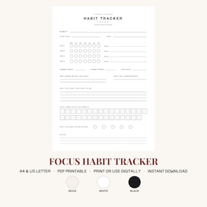 May include: A white habit tracker printable page featuring the text HABIT TRACKER, FOCUS, and sections for habit, start date, goal, weekly progress circles, current streak, longest streak, total days, reflection questions, and a 30-day completion grid.