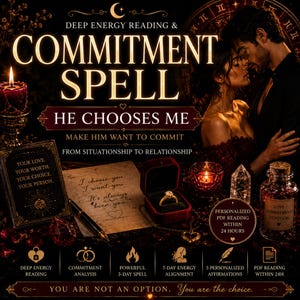 Puede incluir: Un gráfico digital titulado Deep Energy Reading & Commitment Spell He Chooses Me que muestra un anillo de oro en una caja de terciopelo rojo, una nota escrita a mano, un bolígrafo, una vela, un cristal y un frasco de flores secas.