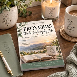 May include: A 31-day Bible study book titled Proverbs Wisdom for Everyday Life, featuring a cover image of an open Bible on a wooden table at sunset, with a white mug, a candle, a green notebook, and a pen arranged on the surrounding surface.