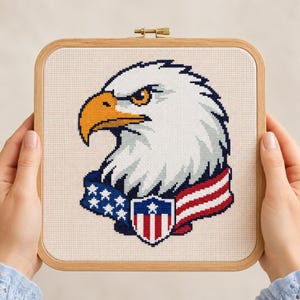 May include: A square wooden embroidery hoop containing a cross-stitch pattern of a bald eagle head in profile. The eagle has a yellow beak, white feathers, and dark outlines. Below the eagle is a blue banner with white stars and a red and white shield.