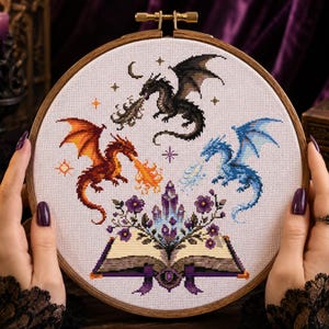 Elemental Dragons Cross Stitch Pattern PDF, Gothic Fantasy Dragon Embroidery, Magic Book Dragons