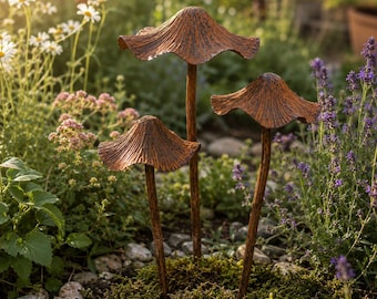 Rustic Metal Mushroom Garden Stakes | Cottage Garden Decor | Woodland Garden Art | Whimsical Outdoor Decor