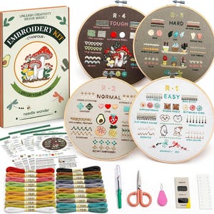 Embroidery Kit, Four-Stage Stitch Sampler with 20 Thread Colors