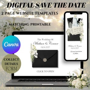 Puede incluir: Un conjunto de plantillas de sitio web digital save the date en una computadora portátil y un teléfono inteligente. Las pantallas muestran un sobre negro con detalles florales blancos, el texto The Wedding Of Madison & Connor 04.06.2027 y un logo de Canva.