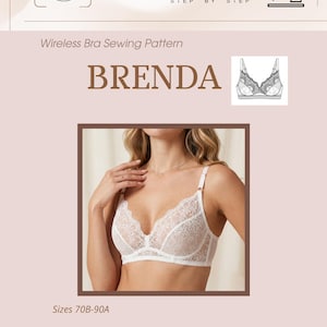 May include: A digital sewing pattern document for a wireless bra titled BRENDA by BONEM studio. The document includes step-by-step sewing instructions, a technical sketch of the lace bra, and text indicating sizes 70B-90A for A4 and US Letter PDF formats.