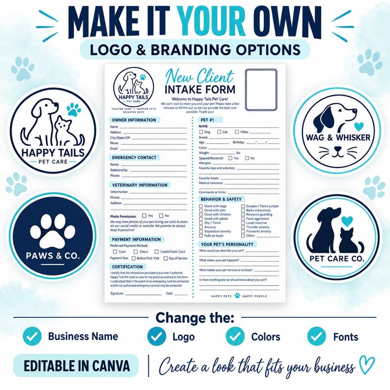 Editable Pet Sitter Client Intake Form Bundle, Dog Walker Packet (canva ...