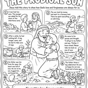 Könnte beinhalten: Eine schwarz-weiße Malvorlage mit dem Titel The Parable of the Prodigal Son, die sechs nummerierte Felder mit Text zur biblischen Geschichte, ein zentrales Bild eines Vaters, der seinen Sohn umarmt, und eine abschließende Botschaft enthält.
