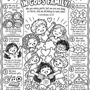 Może przedstawiać: Czarno-biała kolorowanka zatytułowana We Are Together In God's Family z sześcioma numerowanymi sekcjami zawierającymi ilustracje dzieci, elementów układanki i tekstów religijnych z 1 Listu do Koryntian, wokół dużego serca z puzzli.