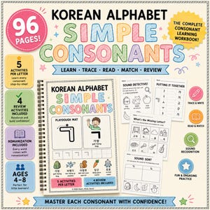 Op de afbeelding: Een 96-pagina's tellend Koreaans alfabetwerkboek getiteld Simple Consonants, met gekleurde tekst, illustraties en educatieve activiteiten. Het spiraalgebonden boek bevat oefeningen voor overtrekken, lezen, matchen en herhalen voor kinderen.