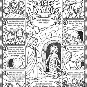 Könnte beinhalten: Eine schwarz-weiße Malvorlage, die die biblische Geschichte von Jesus darstellt, der Lazarus auferweckt. Das Blatt enthält acht nummerierte Felder mit Illustrationen und Text, zentriert um eine große Zeichnung von Jesus und Lazarus.