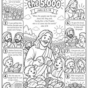 Könnte beinhalten: Eine schwarz-weiße Malvorlage mit dem Titel Jesus Feeds the 5,000, die acht nummerierte Felder enthält, welche die biblische Geschichte aus Johannes 6,1-14 illustrieren. Das zentrale Bild zeigt Jesus beim Brotbrechen mit Körben voller Brot und Fisch.
