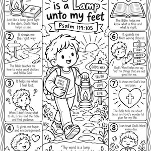 May include: A black and white coloring page featuring the text Thy Word is a Lamp unto my feet Psalm 119:105. The illustration shows a child carrying a Bible and a lantern on a path, surrounded by eight numbered panels with religious themes.