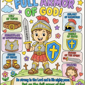 Puede incluir: Un póster educativo colorido titulado PUT ON THE FULL ARMOR OF GOD! que muestra a un caballero de dibujos animados con una espada etiquetada GOD'S WORD y un escudo. Ilustra el cinturón de la verdad, la coraza de justicia, el calzado de la paz, el casco de la salvación, el escudo de la fe, la espada del espíritu y la oración, con el versículo bíblico Efesios 6:10-11.