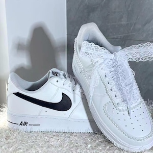Personalized Couple Wedding Sneakers, Custom Name Date Bridal Shoes, Pearl Lace Bow Low Top Shoes, Matching Bride Groom Reception Gift