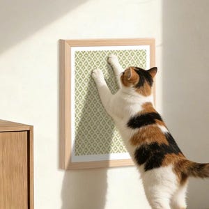 May include: A rectangular wall-mounted cat scratching pad featuring a light wood frame and a textured surface with a repeating green and white geometric pattern. A calico cat is shown with its front paws extended, scratching the textured panel.