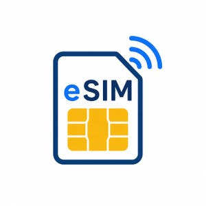 Könnte beinhalten: Ein digitales e-SIM-Karten-Symbol mit blauem Rand und dem Text "eSIM" in Blau. Die Karte hat einen goldfarbenen Chip und blaue Signalwellen, die aus der oberen rechten Ecke kommen. Der Hintergrund ist weiß.