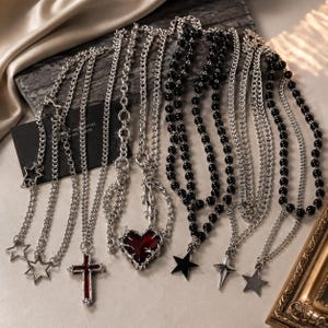 Punk Rock Y2K Necklace Set, Gothic Star, Cross, Red Heart Pendants
