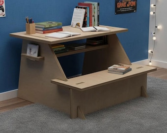 Gaming Desk with Wooden Bench : Modern Study Desk Computer Table Minimalist Home Office Furniture