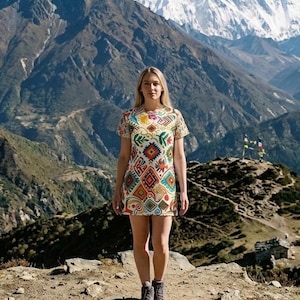 May include: A short-sleeved dress featuring a cream-colored base with a vibrant, multi-colored geometric and floral pattern in shades of red, blue, green, and yellow, paired with grey lace-up hiking boots.