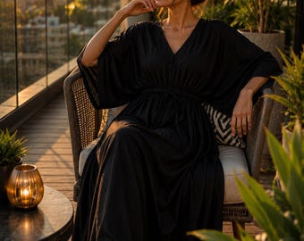 Black Cotton Kaftan Dress, Loose Fit Maxi Beach Cover Up, Resort Wear