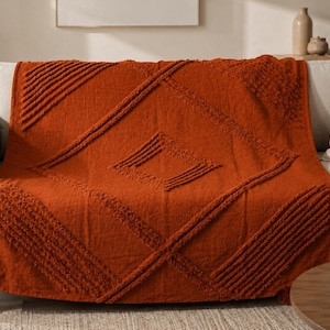 Cotton Throw Blanket - Chunky Knitted Handloom Loops & Fringe Rust Blanket
